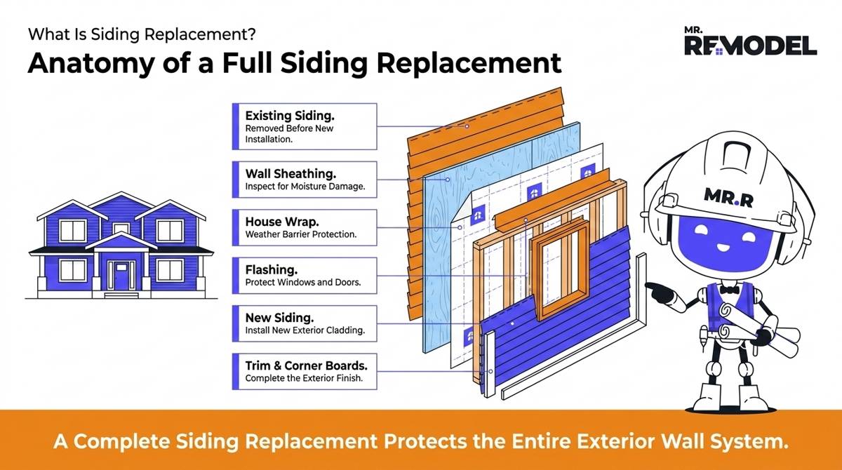 Exploded wall cross-section infographic showing every layer involved in a complete siding replacement project.